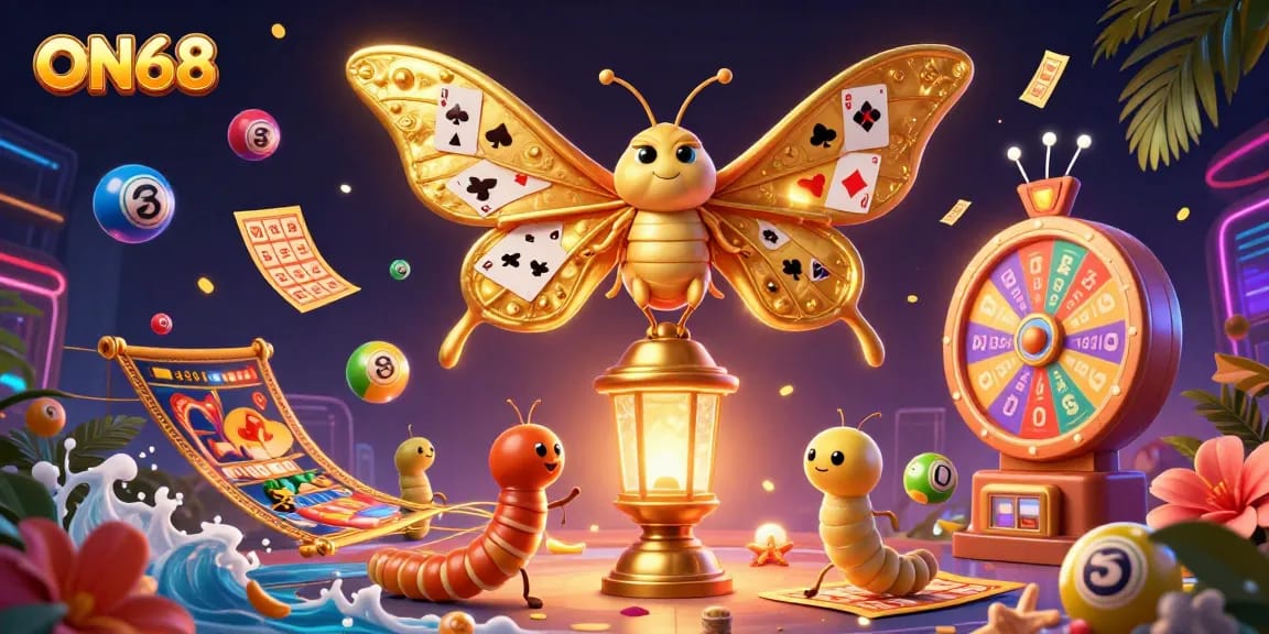 Experience thrilling gaming at ON68 with vibrant casino elements and a majestic moth in a captivating scene.