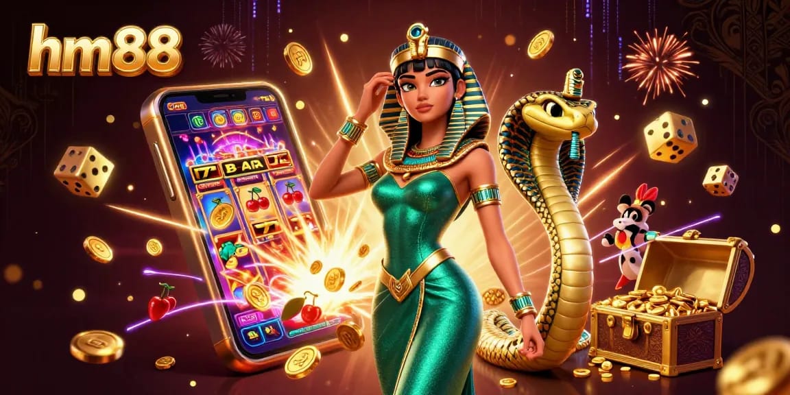 Experience the excitement of hm88's jackpot winners with iconic slot machines and vibrant casino elements.