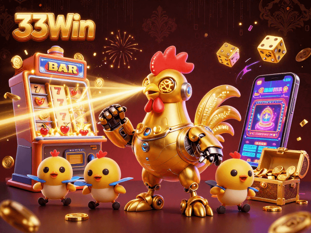 Experience thrilling wins at 33Win with a golden rooster robot and exciting casino elements.
