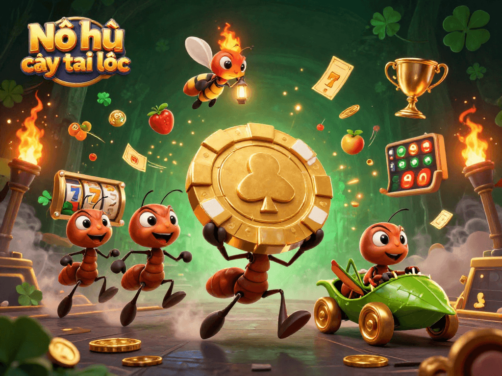 Nổ hũ cây tài lộc with cartoon ants on a golden poker chip carrying jackpot elements in an exciting casino scene