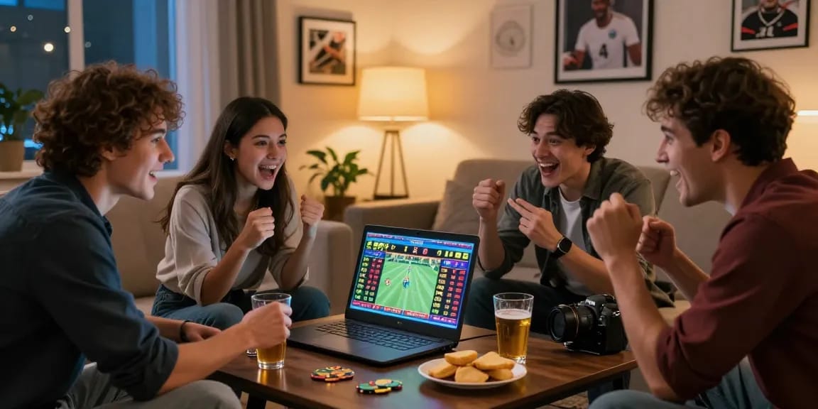 Friends engaging in online betting on ok 8386 platform in a lively home setting.