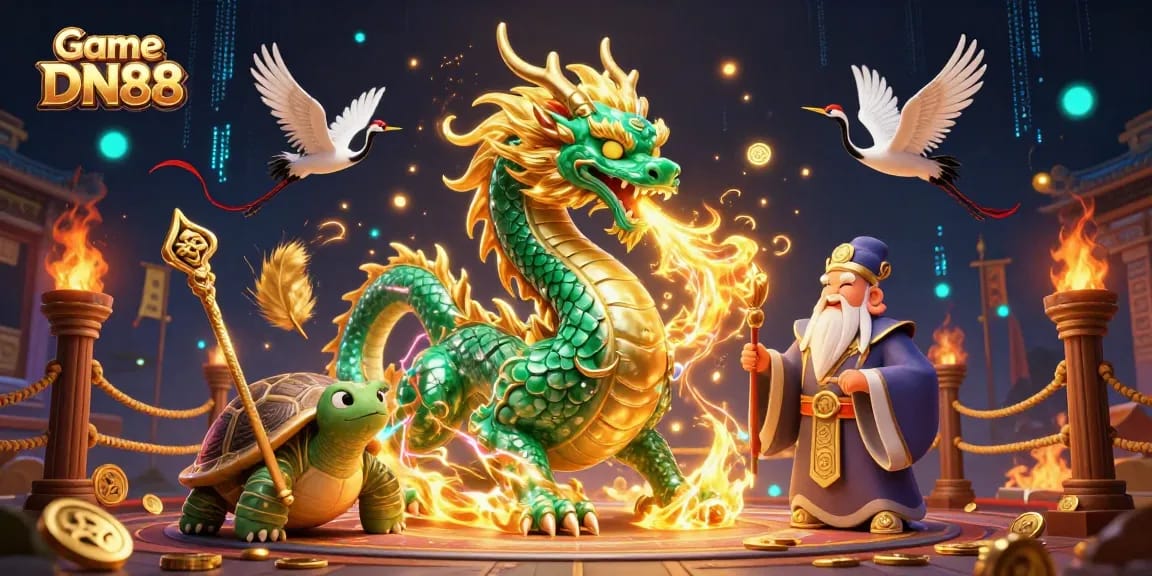 Play Game DN88 with a jade dragon and turtle sage in a rich casino world