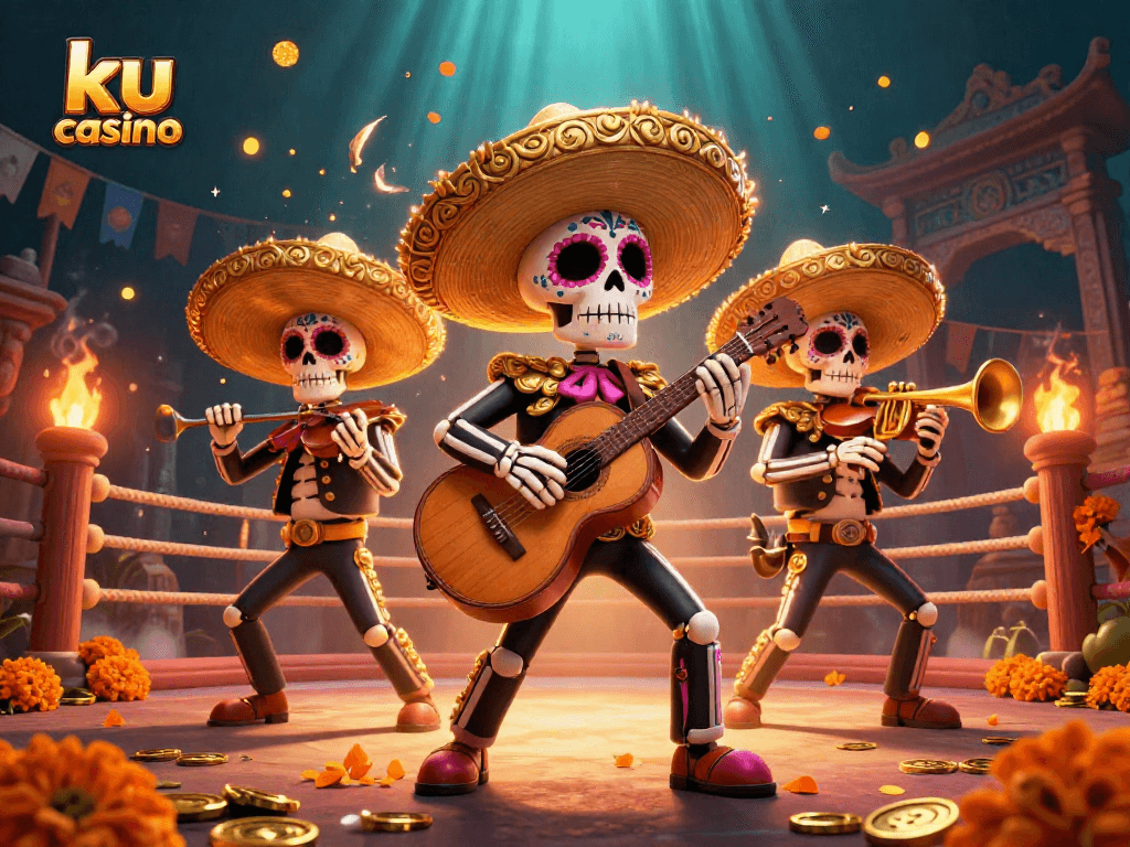 Experience the excitement of ku casino with vibrant 3D mariachi characters and gaming symbols.