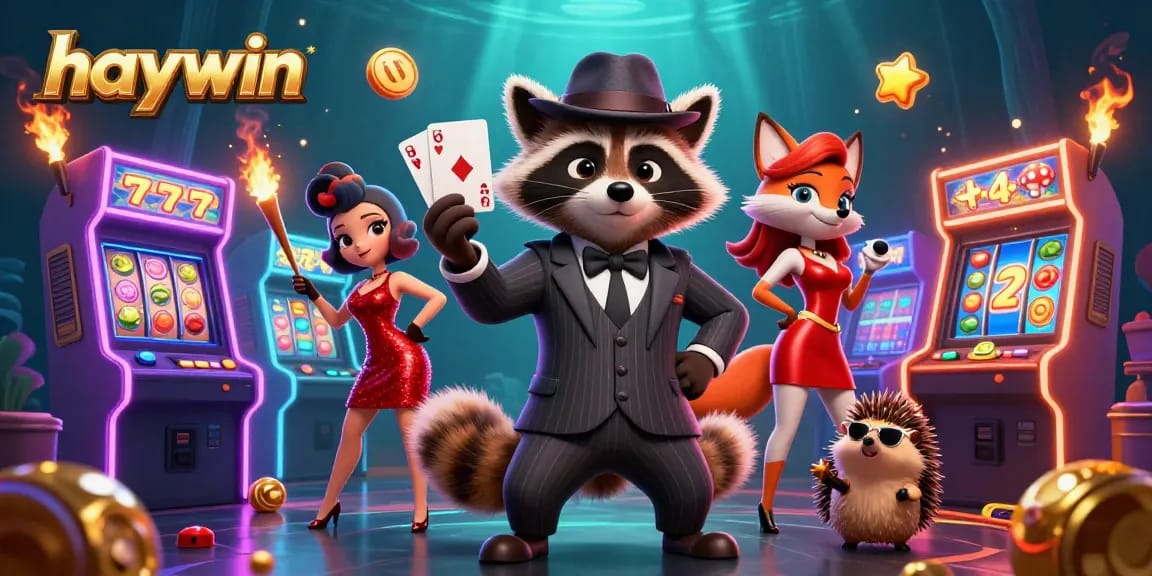 Experience thrilling gameplay at haywin with a gentleman raccoon showcasing a royal flush hand among vibrant casino elements.