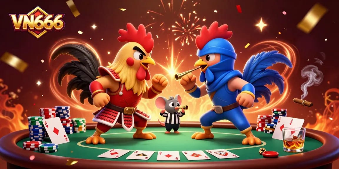 Engage in thrilling bets at VN666 with a dynamic showdown between fighting roosters.