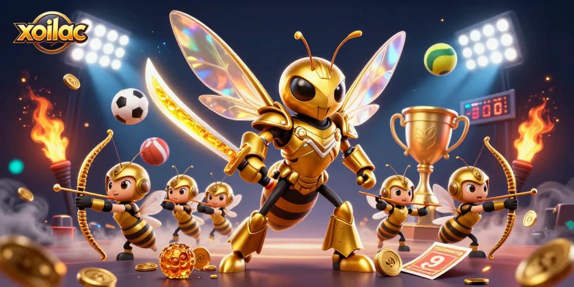 Watch exhilarating sports action with xoilac as a golden hornet samurai leads bee archers in a vibrant gambling scene.