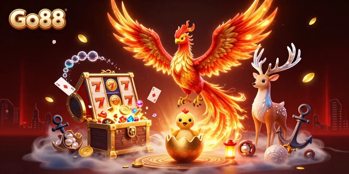 Experience thrilling gaming adventures with Go88, featuring a fiery phoenix and dynamic casino elements.