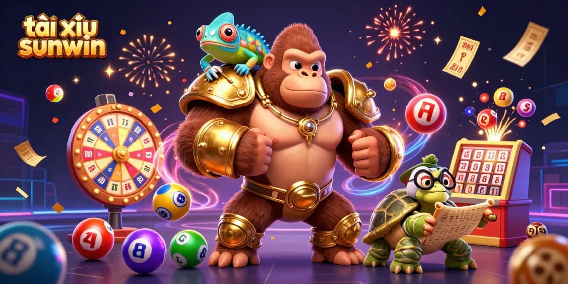 Tài xỉu sunwin illustration featuring a powerful gorilla, chameleon, and wise tortoise in a dynamic casino scene.