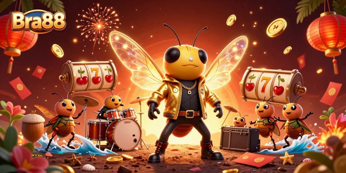 Experience thrilling slots with Bra88's vibrant casino scene featuring animated rock stars.