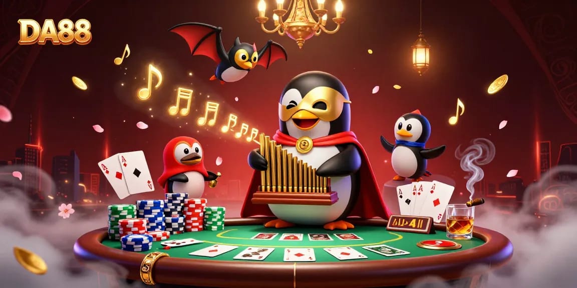 DA88 gameplay illustration with a phantom penguin and vibrant poker elements creating a captivating casino experience.
