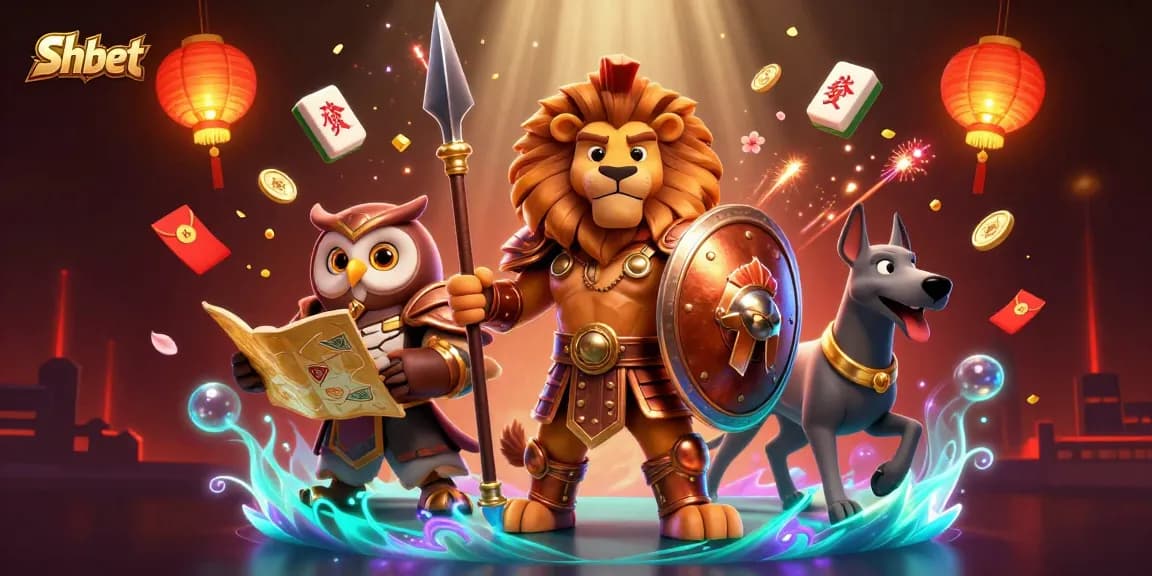 Shbet presents an exciting 3D casino scene with a heroic lion and vibrant gaming elements.