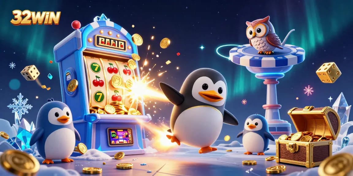 32WIN penguin racing toward a casino chip station filled with coins and slot symbols