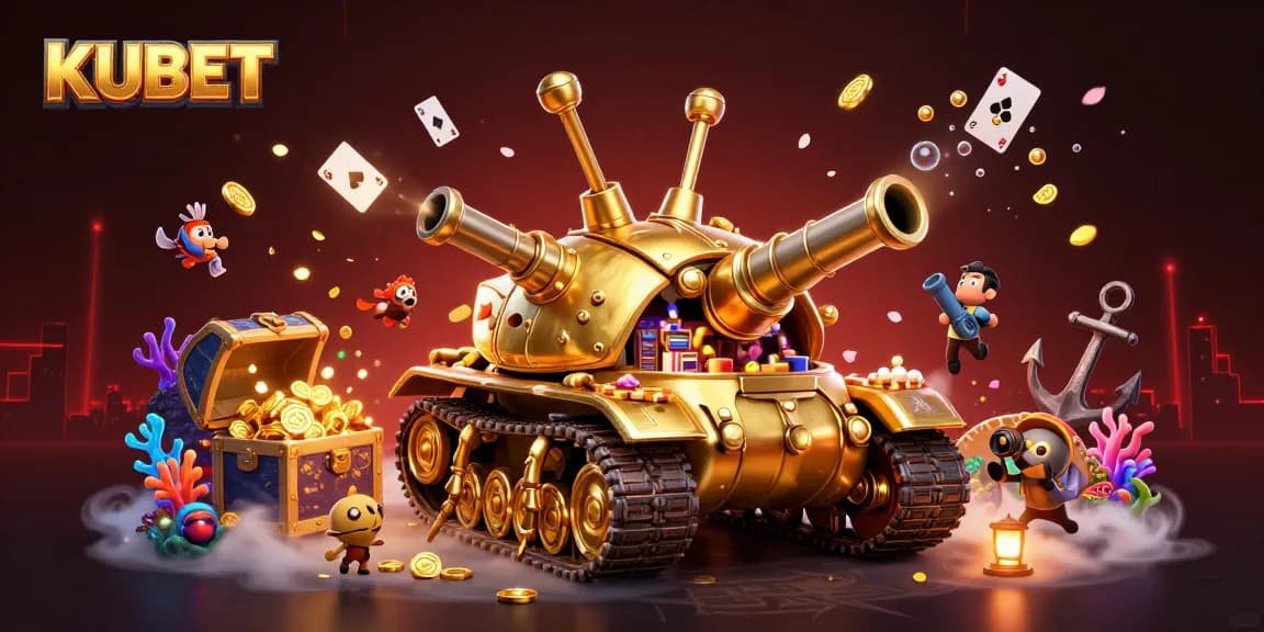 Experience the excitement of KUBET with a vibrant 3D cartoon casino scene showcasing gold treasures and gaming action.