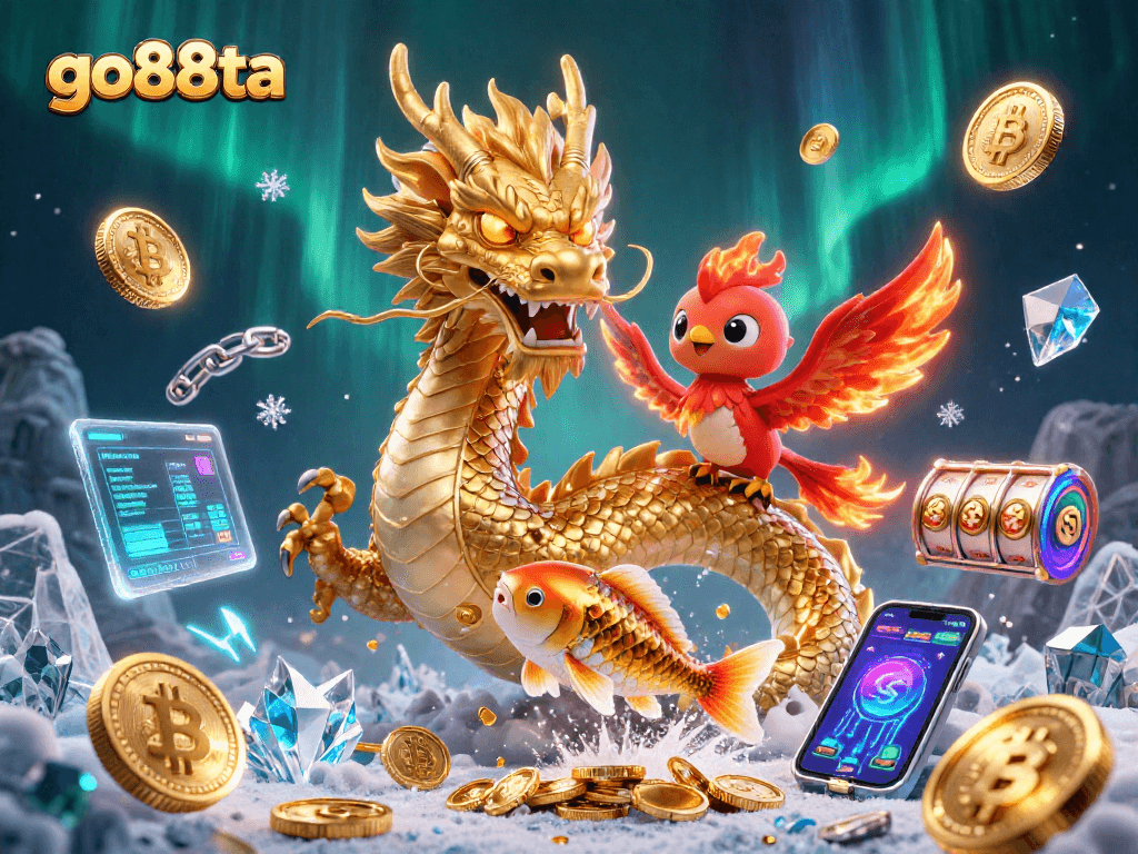 Experience go88ta with an exciting 3D illustration of a dragon, phoenix, and koi fish.