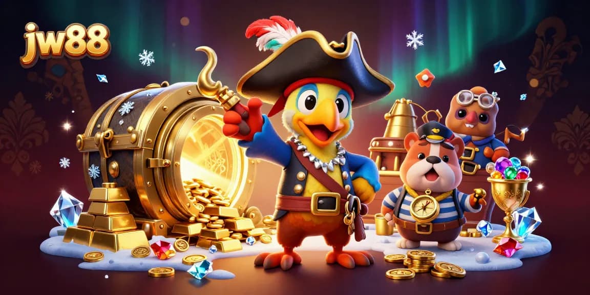 Experience thrilling moments at jw88 with 3D characters exploring a treasure-filled casino adventure.
