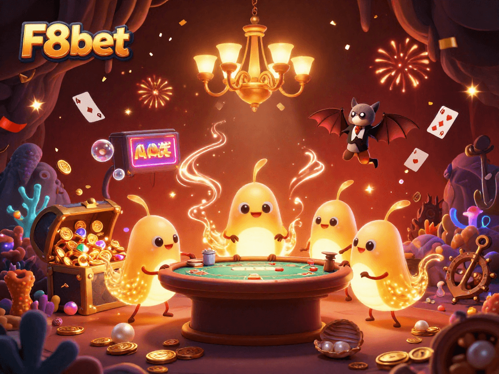 Experience F8bet’s vibrant casino atmosphere with glowworms lighting up a poker room scene.