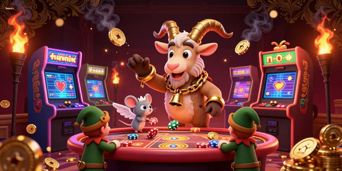 Engage in thrilling casino action with haywin, featuring festive characters in a lively digital gaming scene, capturing the holiday spirit.