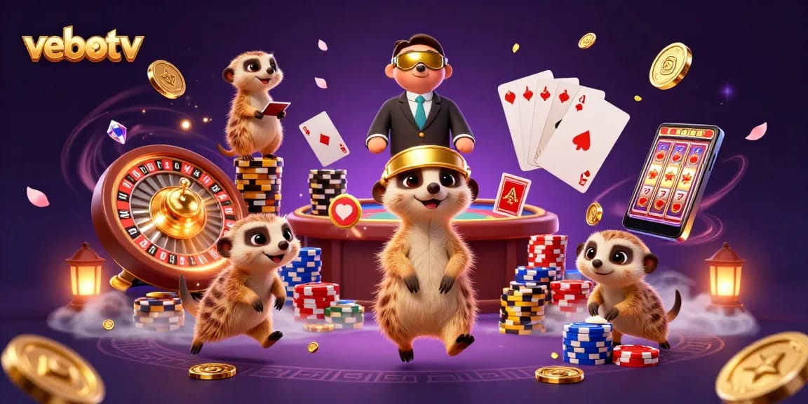 Watch vebotv's meerkats skillfully managing a vibrant casino with spinning roulette wheels and dazzling chips.
