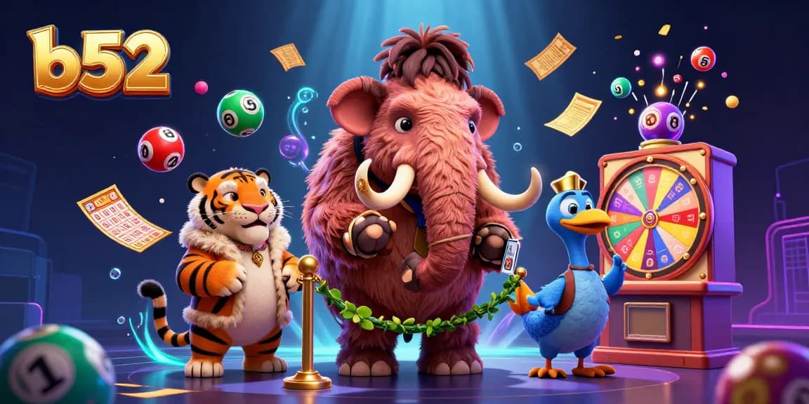 Join the b52 casino adventure with a vibrant illustration of unique characters and dynamic gaming elements.