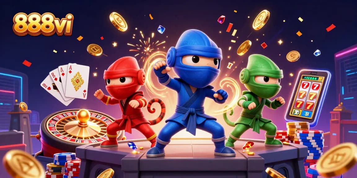 Experience the thrill of 888vi with colorful characters and dynamic casino-themed elements in action.