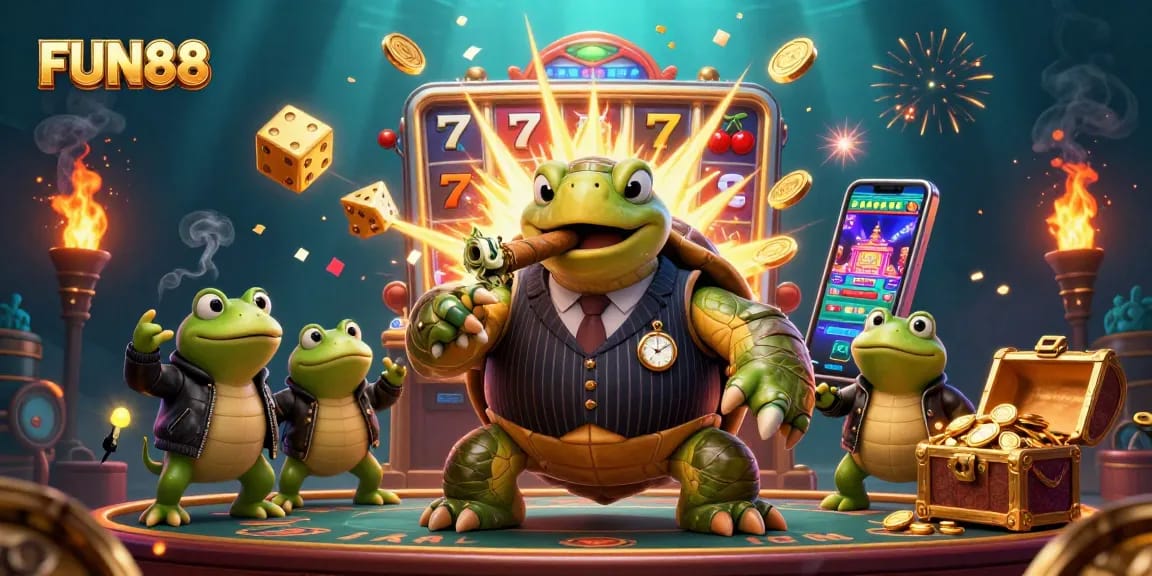Experience FUN88 with the turtle mobster in a dynamic casino scene filled with vibrant elements.