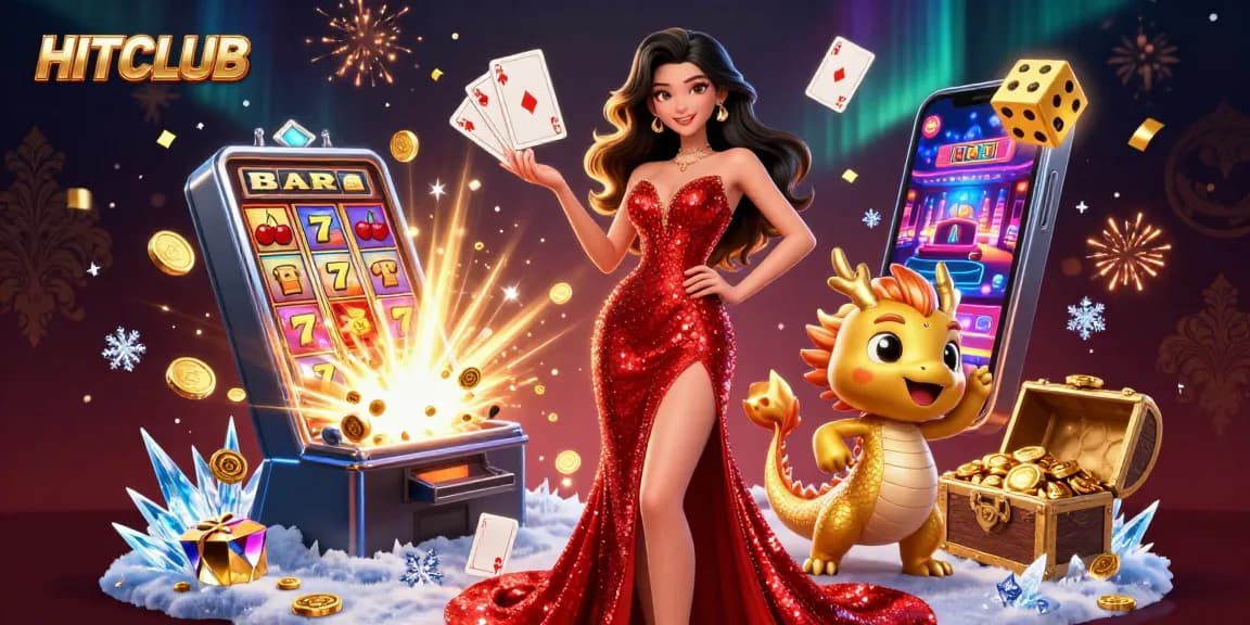 Experience excitement at HITCLUB with an Asian woman and golden dragon in a vibrant casino scene.