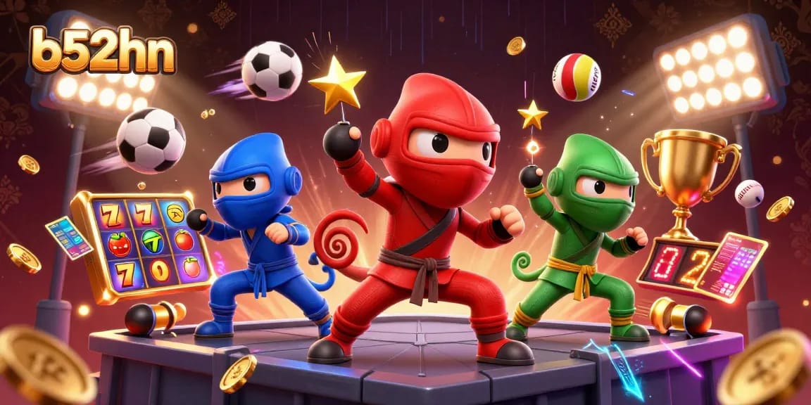 Experience thrilling gameplay at b52hn with vibrant action and synchronized chameleon ninjas in a casino-themed illustration.