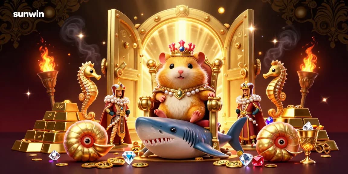 Experience the thrill of winning at sunwin with a golden hamster king amidst treasures and royal guardians.