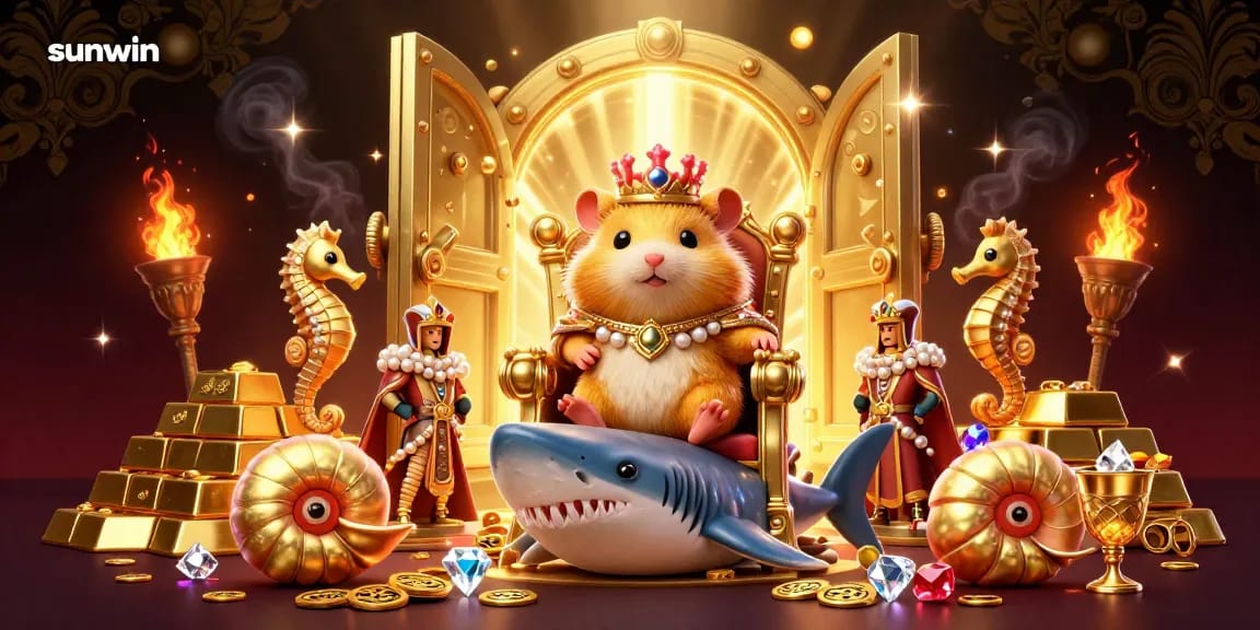 Experience the thrill of winning at sunwin with a golden hamster king amidst treasures and royal guardians.