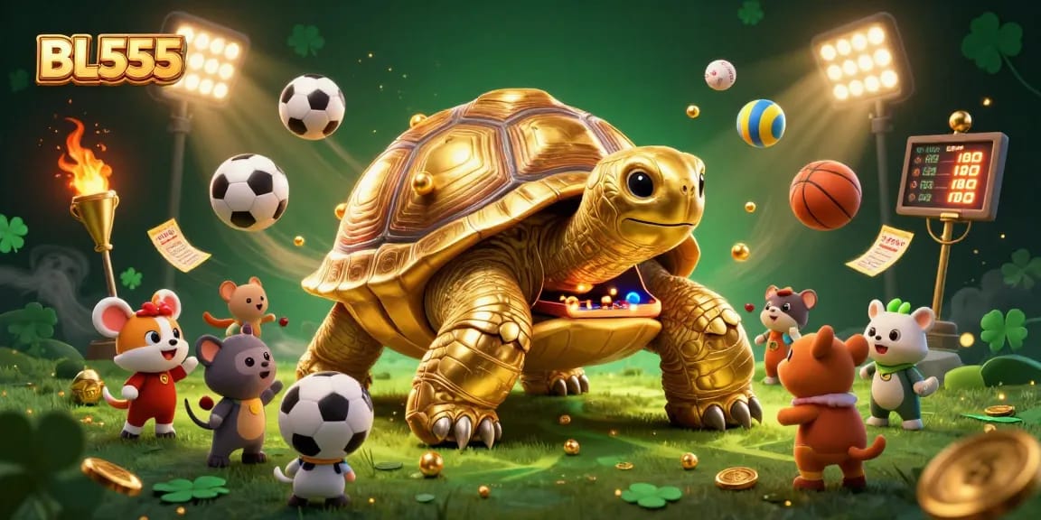 Experience thrilling gameplay at BL555 with a dazzling 3D casino scene showcasing sports excitement and golden rewards.