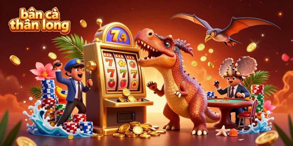 bắn cá thần long scenes with an energetic 3D pachycephalosaurus winning slots and a panicked casino manager.