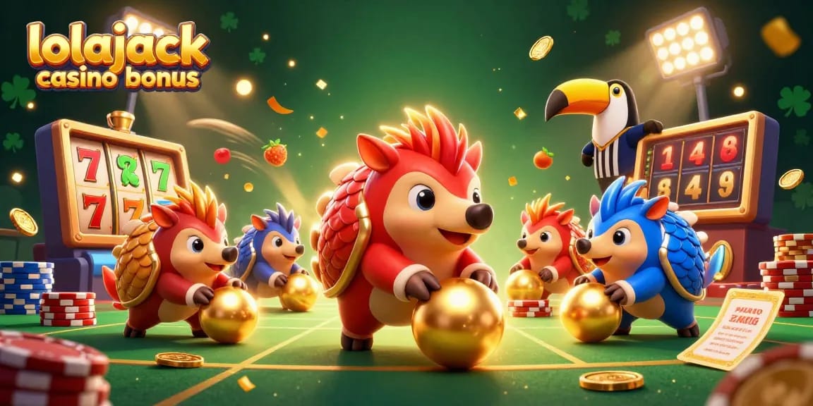Experience the thrill of the lolajack casino bonus with vibrant pangolins amidst slot reels and gold coins!