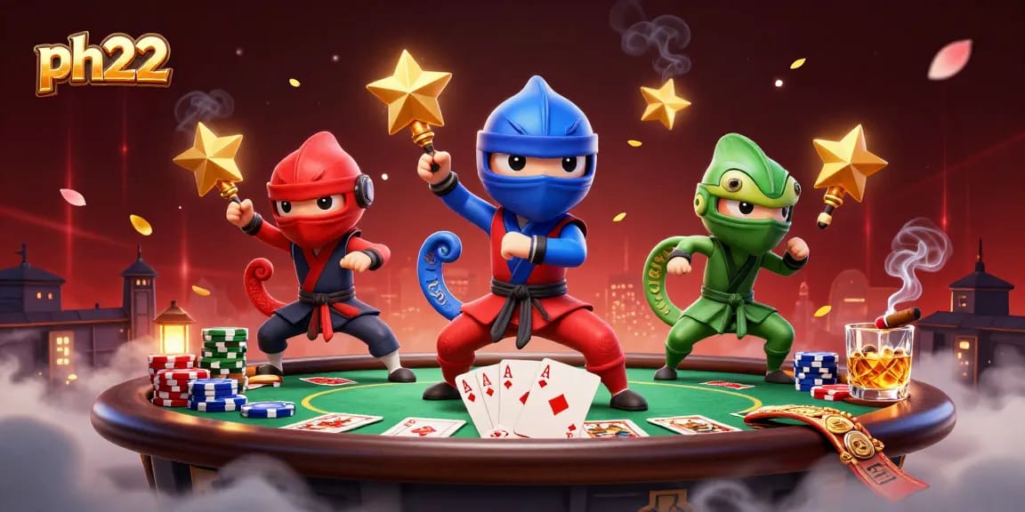 Engaging ph22 action scene with colorful ninja chameleons and dynamic poker elements.