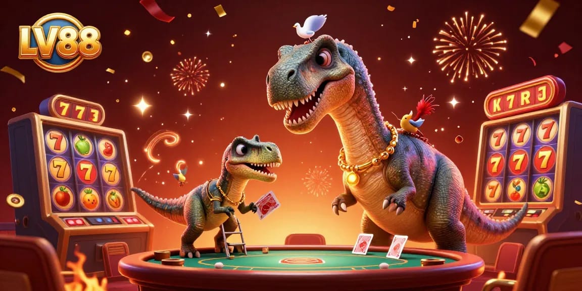 Experience thrilling LV88 slots with dynamic characters and rich casino elements in this vibrant 3D illustration.