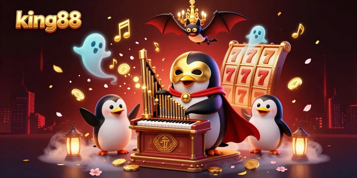 Watch the king88 penguin play slots in a vibrant, dynamic gaming scene filled with golden coins and festive elements.