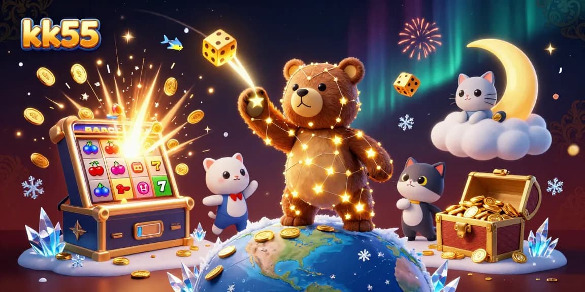 Join the adventure at kk55 with a cosmic bear collecting coins from a majestic slots explosion.