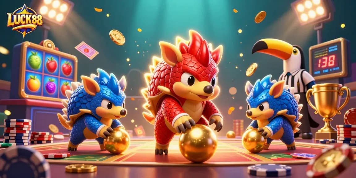 Engage with LUCKY88's vibrant virtual casino atmosphere featuring animated pangolins and dynamic slots.