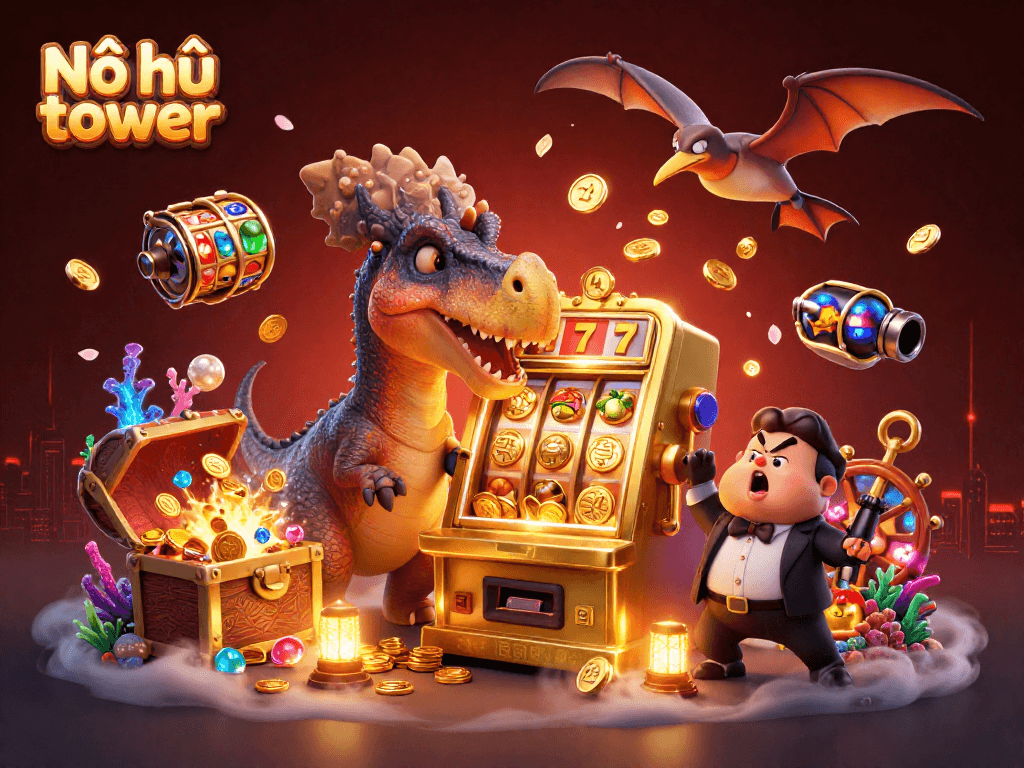 Nổ hũ tower brings excitement as a pachycephalosaurus triggers jackpots with flying gold coins.