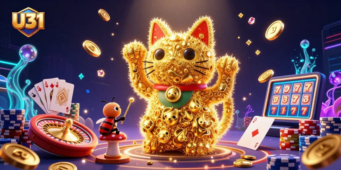 Experience thrilling casino action with U31's golden firefly lucky cat amidst dazzling game symbols.