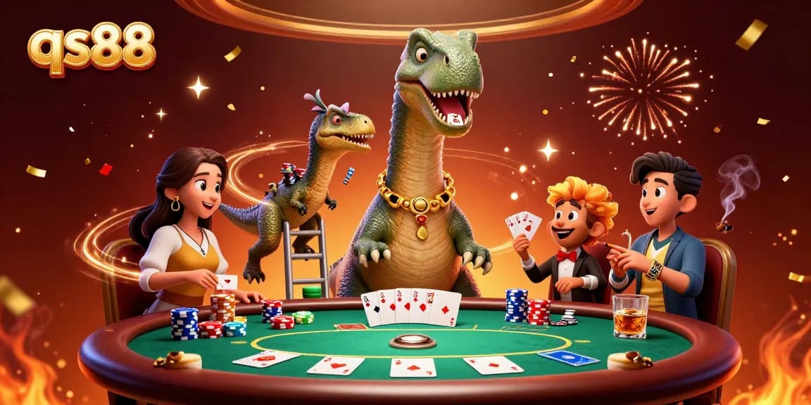 Engage with qs88 at the vibrant casino scene featuring a playful dinosaur and dynamic poker action.