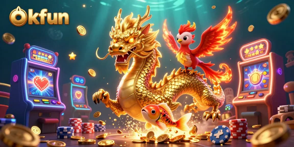 Experience thrilling slots with okfun featuring a golden dragon, phoenix, koi fish, and vibrant casino elements.