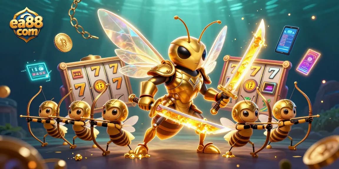 Engage with the fun of slot gaming at ea88 com, featuring a 3D golden hornet samurai and dynamic slot elements.