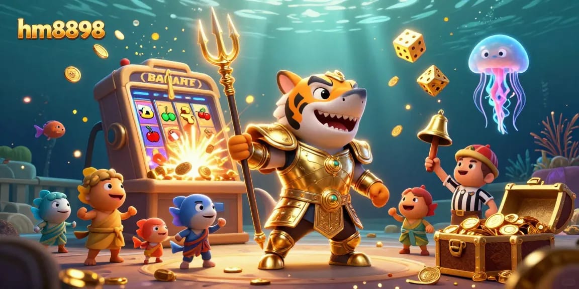Experience the thrill of winnings with hm8898 in a vibrant underwater casino scene.