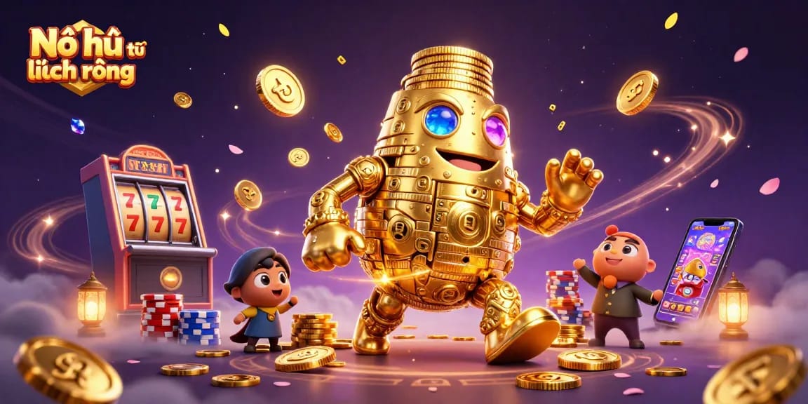 Nổ hũ thủ lĩnh rồng showcases dynamic slot gameplay with a golden golem and vibrant game elements.