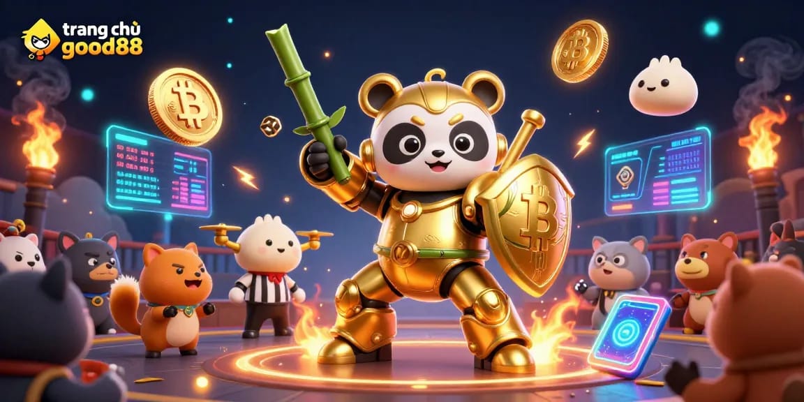 Engage in excitement with the trang chủ good88 scene, featuring a golden panda in a mech-suit surrounded by vibrant gambling elements.