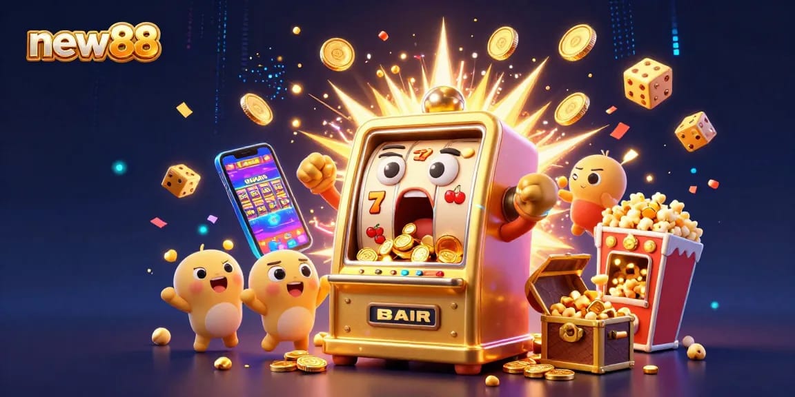 Experience the thrill of new88 with a jubilant jackpot celebration by a golden slot machine.
