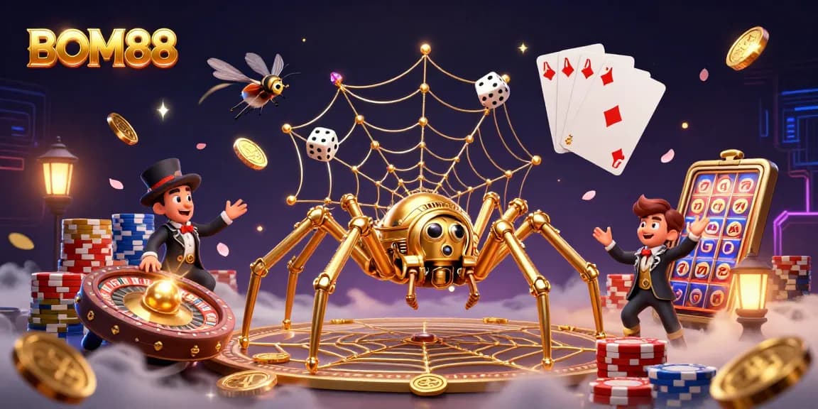 BOM88 highlights a steampunk theme with golden spider, casino elements, and vibrant coins flying.