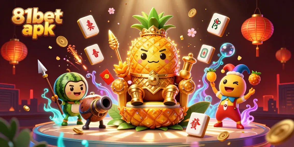 Experience the excitement of 81bet apk with a vibrant 3D casino scene featuring a golden pineapple king and more!