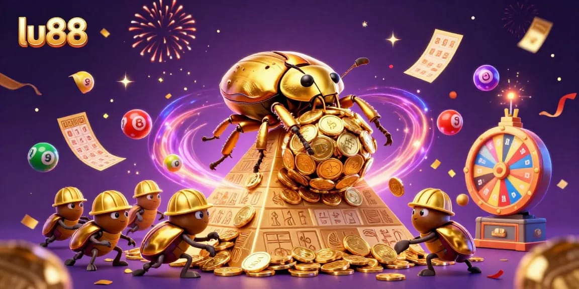 Experience exciting gaming at lu88 with a golden beetle rolling coins amidst vibrant casino elements.