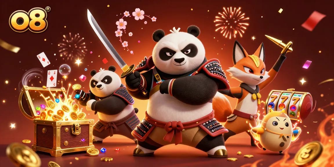 Engage with winning strategies at o8 as the fierce panda samurai draws katana, surrounded by treasure.
